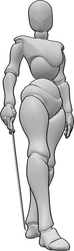 Referencia de poses- Mujer con katana en la mano - Mujer de pie, tranquila, con una katana en la mano derecha.