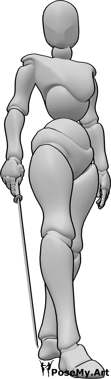 Referencia de poses- Mujer con katana en la mano - Mujer de pie, tranquila, con una katana en la mano derecha.