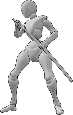 Pose Reference- Female drawing katana pose - Female is standing and drawing her katana from its sheath