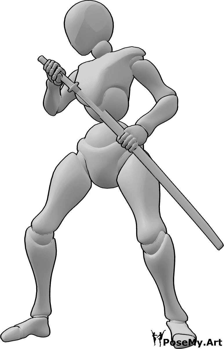 Pose Reference- Female drawing katana pose - Female is standing and drawing her katana from its sheath