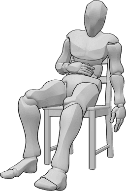 Posen-Referenz- Verletzter Mann in sitzender Haltung - Der verletzte Mann sitzt auf einem Stuhl und hält sich mit der rechten Hand den Bauch.