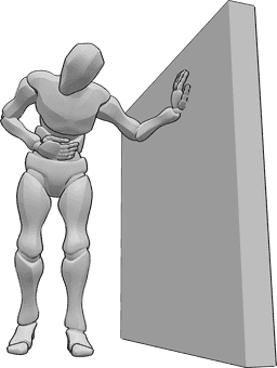 Referencia de poses- Hombre herido en pose inclinada - El varón herido se apoya en la pared con la mano izquierda y se sujeta el estómago con la derecha