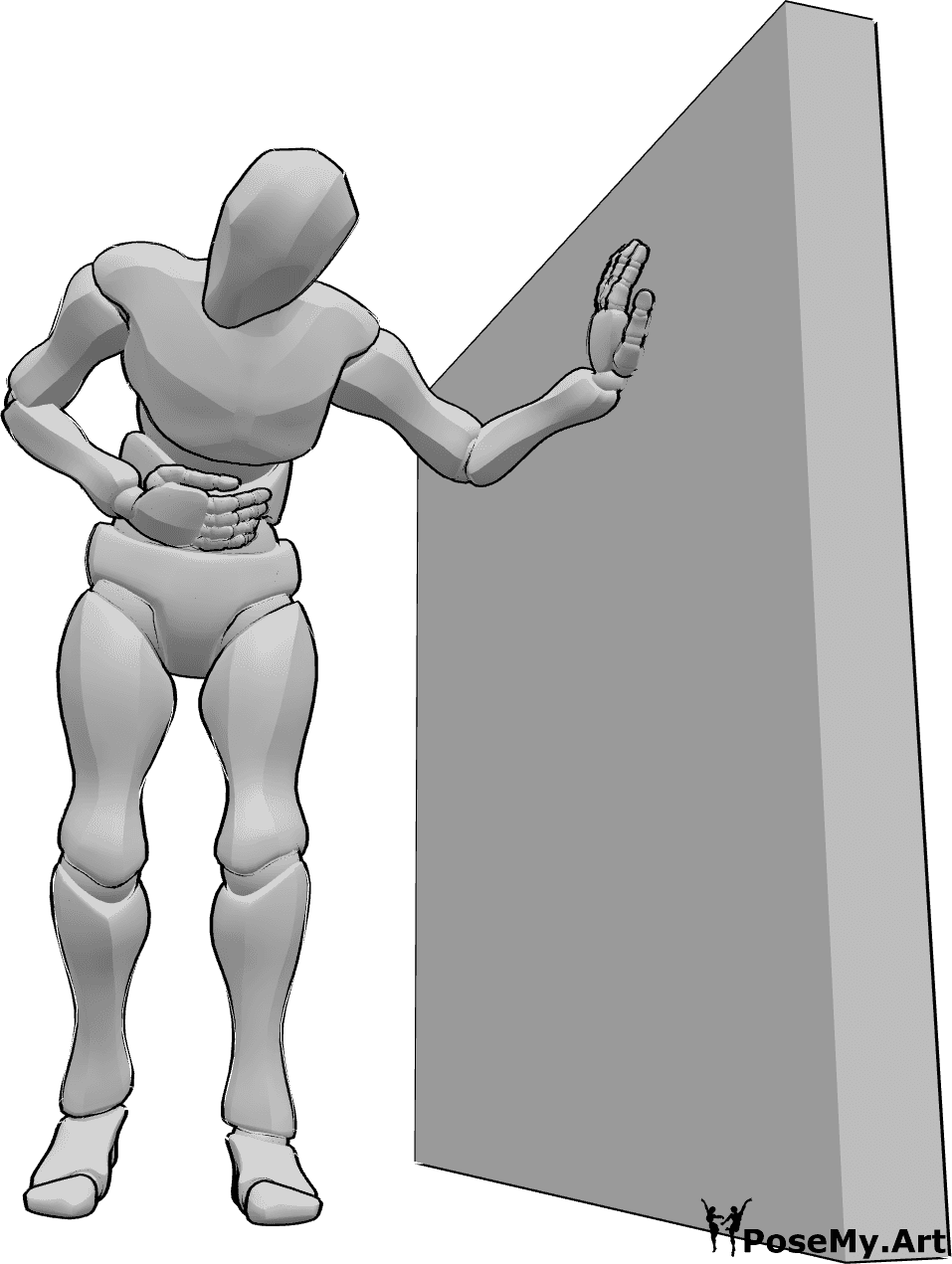 Referência de poses- Homem ferido em pose inclinada - O homem ferido está encostado à parede com a mão esquerda e a segurar a barriga com a mão direita