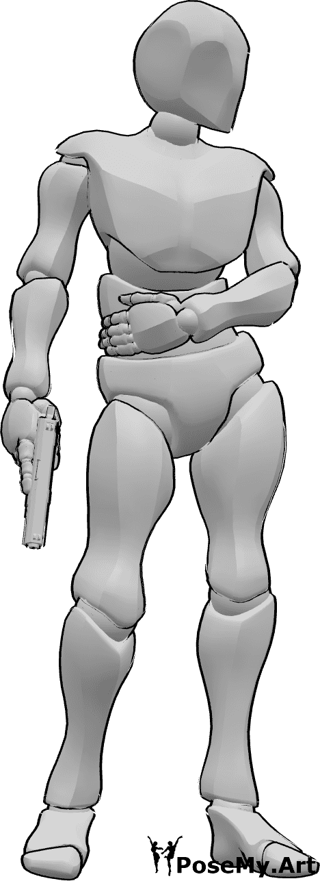 Pose Reference- Injured male holding gun pose - Injured male is standing, holding his stomach with his left hand and holding a gun in his right hand