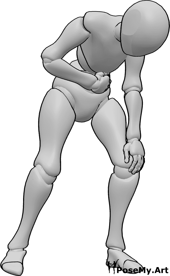 Pose Reference- Injured female standing pose - Injured female is standing, holding her stomach and leaning on her knee