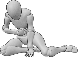 Référence des poses- Femme blessée, pose à genoux - La femme blessée est assise sur ses genoux et se tient le ventre avec sa main droite.