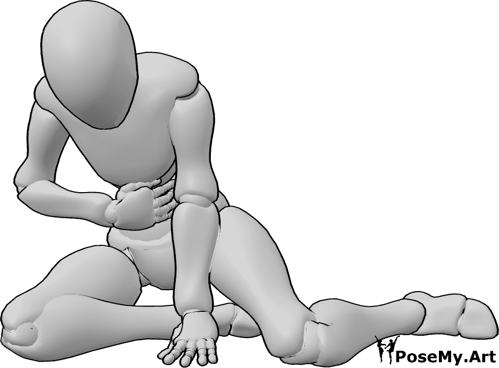 Referencia de poses- Mujer herida en pose arrodillada - La mujer herida está sentada de rodillas y se sujeta el estómago con la mano derecha.