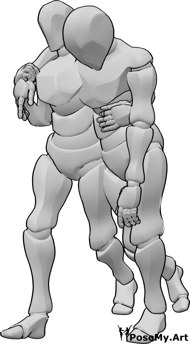 Referência de poses- Pose de marcha inclinada lesionada - O homem ferido está apoiado no outro homem, referência do desenho ferido