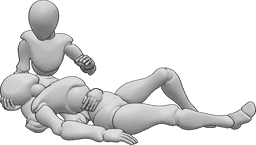 Referencia de poses- Mujer herida posando tumbada - La hembra herida está tumbada en el regazo de la otra hembra, sujetándose el estómago