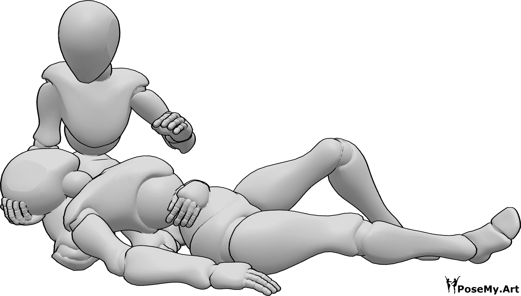 Referência de poses- Mulher ferida em pose deitada - A fêmea ferida está deitada no colo da outra fêmea, segurando a barriga