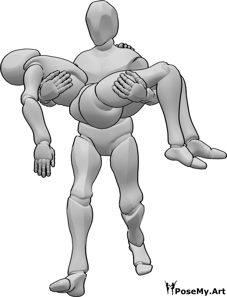 Posen-Referenz- Tragen einer verletzten Frau in Pose - Das Männchen trägt das verletzte Weibchen in seinen Armen
