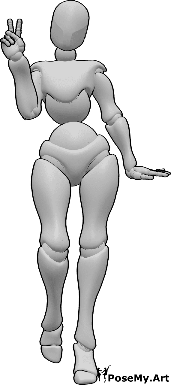 Posen-Referenz- Niedliche stehende Pose - Frau steht und posiert niedlich, macht Friedenszeichen mit ihrer rechten Hand