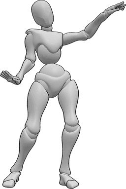 Posen-Referenz- Niedliche Tanzpose - Frau tanzt, posiert niedlich, hebt ihre Hände und schaut nach vorne