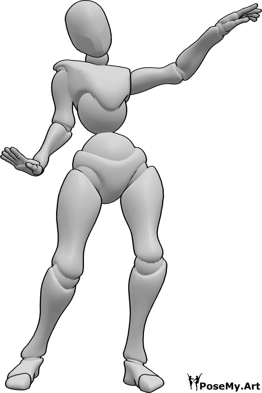 Posen-Referenz- Niedliche Tanzpose - Frau tanzt, posiert niedlich, hebt ihre Hände und schaut nach vorne