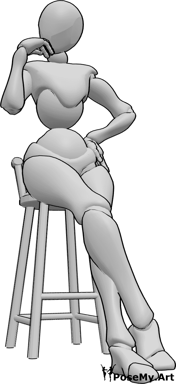 Referencia de poses- Bonita pose sentada - Mujer sentada, posando de forma simpática, con las piernas cruzadas y la mano izquierda en la cadera.