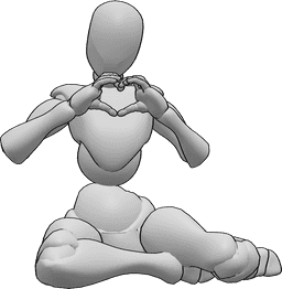 Posen-Referenz- Niedliche kniende Pose - Die Frau sitzt auf den Knien und formt ein Herz mit ihren Händen
