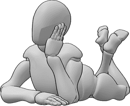 Référence des poses- Femme allongée sur le ventre - La femme est allongée sur le ventre, s'appuie sur ses coudes et se tient le visage de la main gauche.
