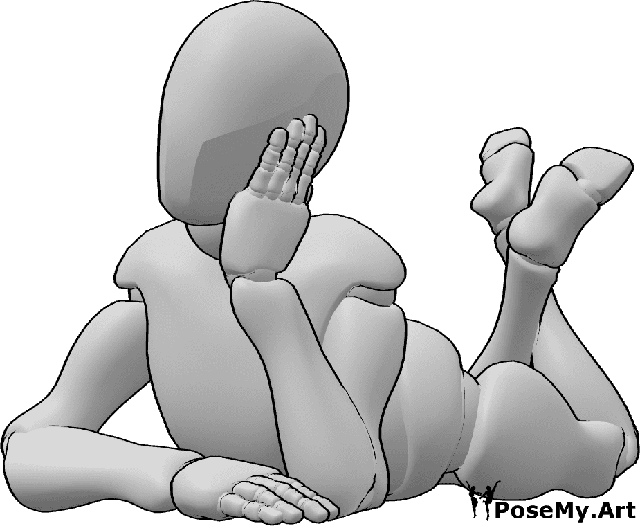 Posen-Referenz- Weibliche liegende Bauchhaltung - Die Frau liegt auf dem Bauch, stützt sich auf die Ellbogen und hält sich mit der linken Hand das Gesicht.