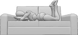Posen-Referenz- Weibliche liegende Couch-Pose - Die Frau liegt auf dem Bauch auf der Couch und stützt ihren Kopf auf ein Kissen