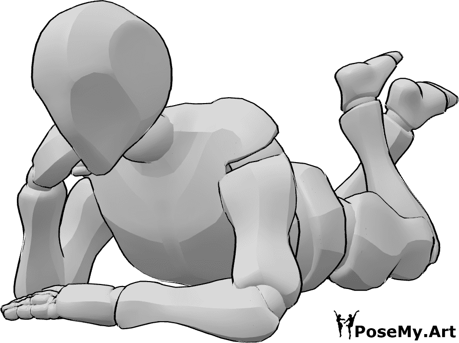 Referência de poses- Pose masculina de barriga para baixo - O homem está deitado de barriga para baixo e apoiado nos cotovelos