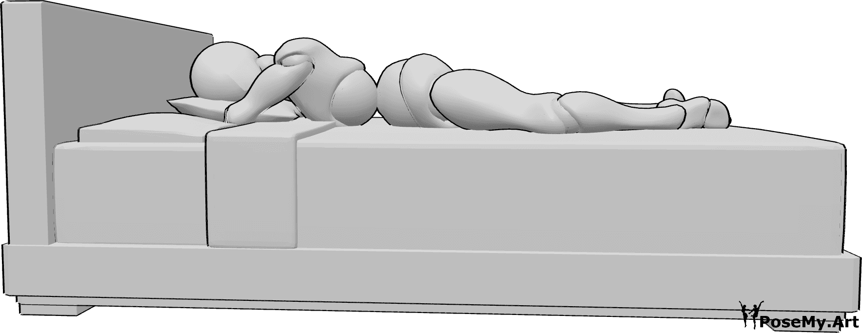 Posen-Referenz- Weibliche liegende Bett-Pose - Die Frau liegt auf dem Bett, auf dem Bauch liegend, den Kopf auf ein Kissen gestützt