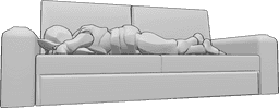 Posen-Referenz- Männliche liegende Couch-Pose - Das Männchen liegt auf dem Bauch auf der Couch und stützt seinen Kopf auf ein Kissen.