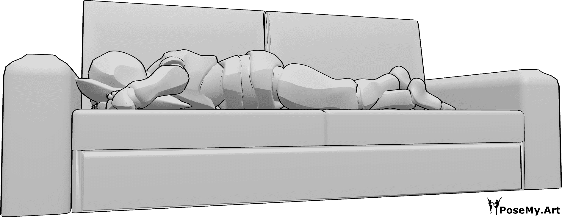 Referência de poses- Homem em pose deitado no sofá - O homem está deitado de barriga para baixo no sofá, com a cabeça apoiada numa almofada