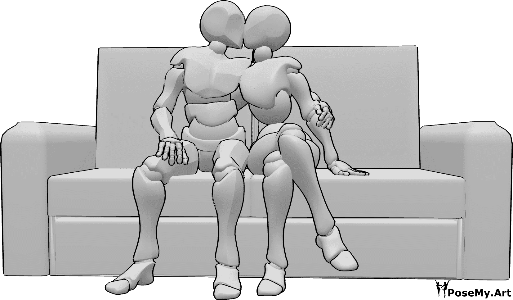 Référence des poses- Posture d'étreinte en position assise - Un homme et une femme sont assis sur le canapé et s'embrassent.