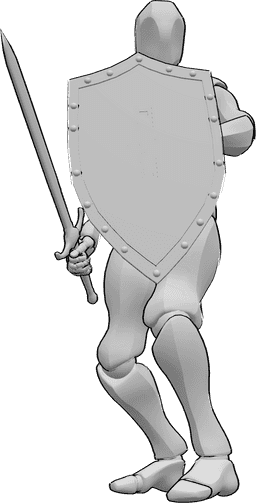 Referencia de poses- Escudo masculino en pose de pie - Hombre de pie, con un escudo en la mano izquierda y una espada en la derecha.