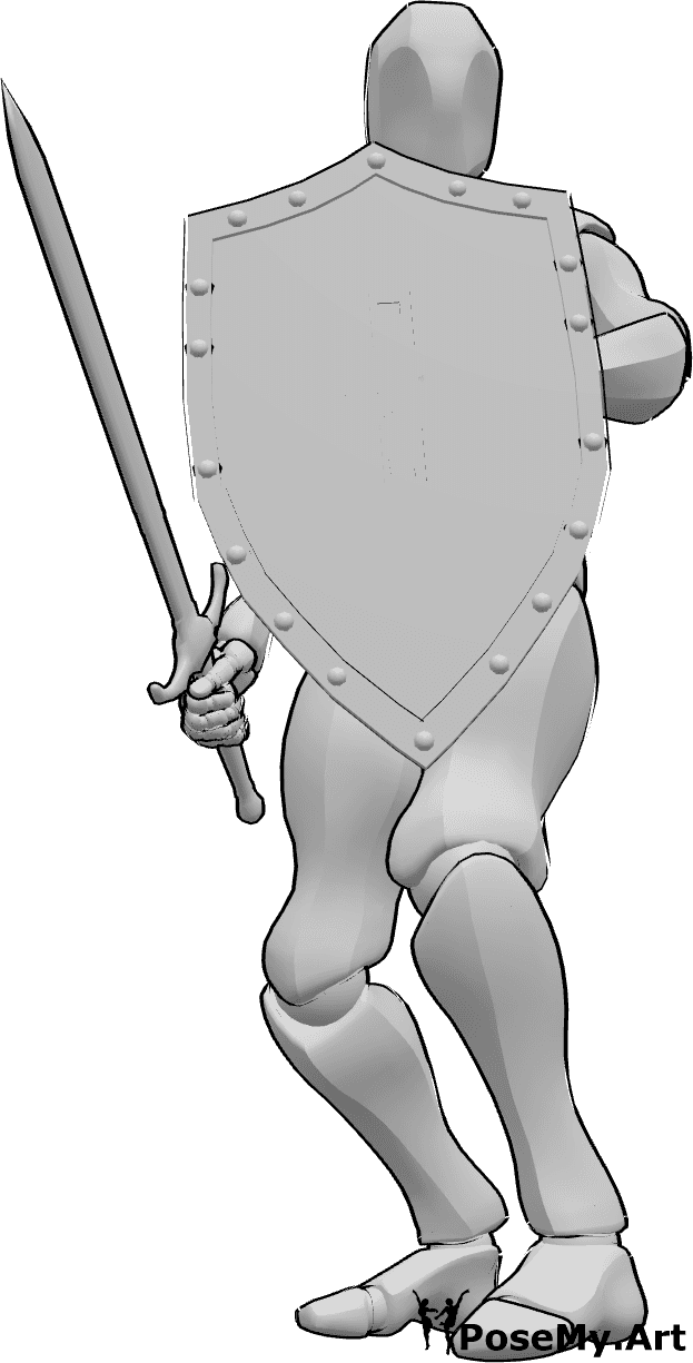 Referência de poses- Escudo masculino em pose de pé - Homem de pé, segurando um escudo na mão esquerda e uma espada na mão direita