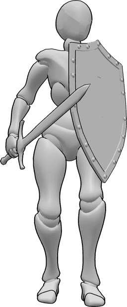 Referência de poses- Escudo feminino em pose de pé - Mulher de pé, segurando um escudo na mão esquerda e uma espada na mão direita