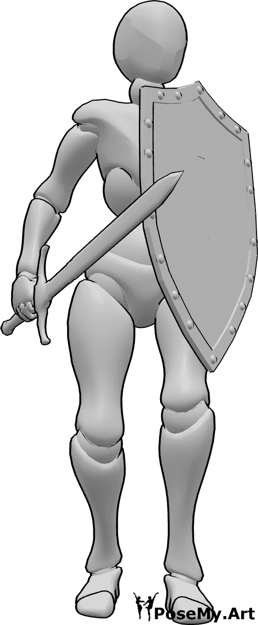 Référence des poses- Bouclier féminin en position debout - Femme debout, tenant un bouclier dans sa main gauche et une épée dans sa main droite