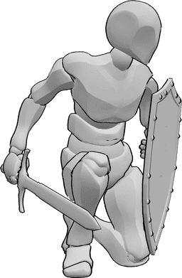Referencia de poses- Escudo masculino en pose arrodillada - Varón arrodillado, sosteniendo un escudo y una espada y mirando a la izquierda