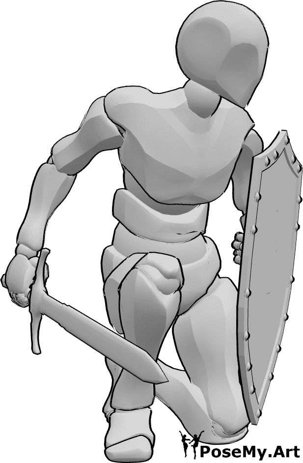 Pose Reference- Male shield kneeling pose - Male is kneeling, holding a shield and a sword and looking to the left