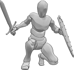 Referência de poses- Escudo masculino em pose de agachamento - Homem agachado, segurando uma espada e um escudo e olhando para a frente