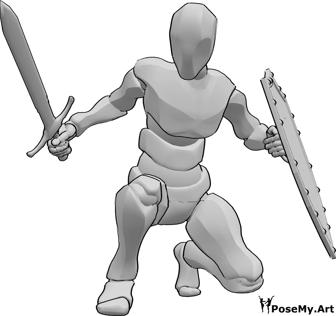 Referencia de poses- Escudo masculino en posición agachada - Varón agachado, sosteniendo una espada y un escudo y mirando hacia delante.
