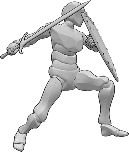 Referência de poses- Pose de salto de escudo masculino - Homem segura um escudo e uma espada e salta, atacando alguém