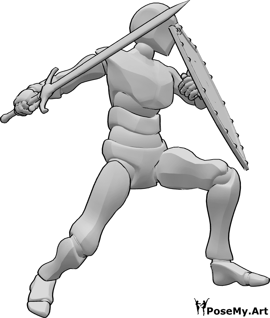 Referencia de poses- Escudo masculino pose de salto - Un hombre sostiene un escudo y una espada y salta, atacando a alguien