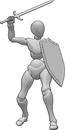 Référence des poses- Femme épée bouclier pose - Femme debout, tenant un bouclier de la main gauche et levant l'épée de la main droite.
