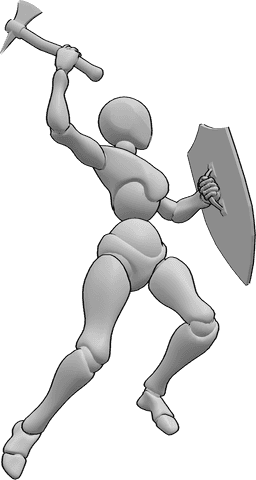 Referencia de poses- Hacha femenina pose de escudo - La mujer sostiene un escudo y un hacha y salta alto, levantando el hacha para atacar a alguien
