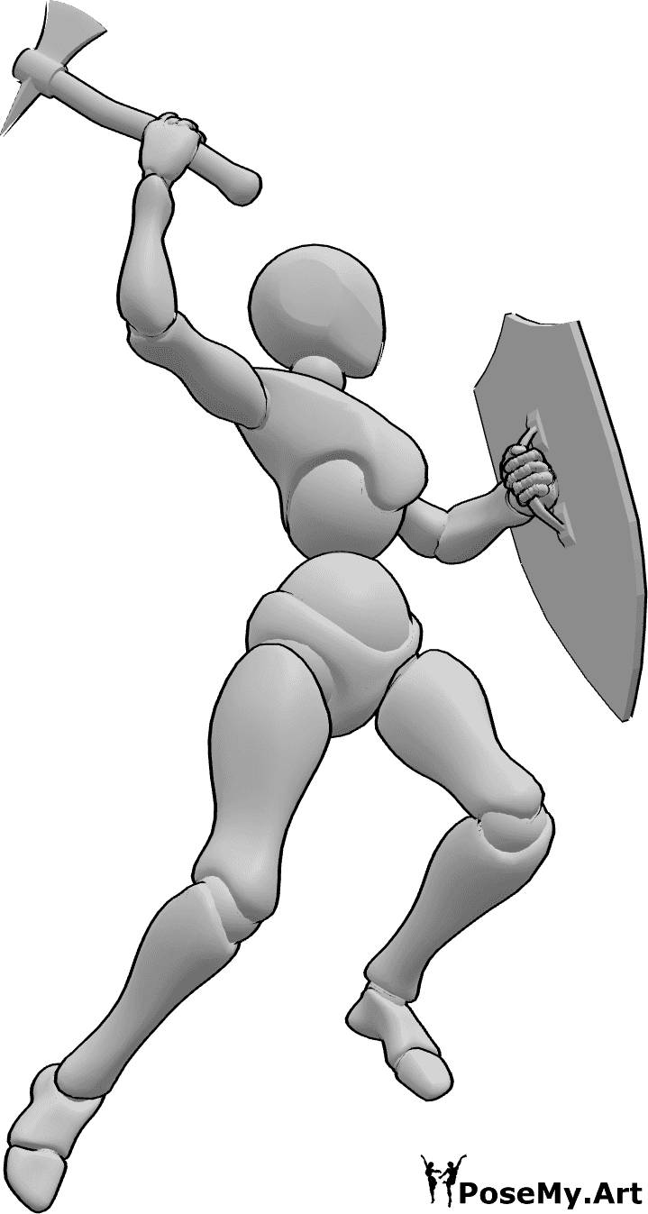 Referencia de poses- Hacha femenina pose de escudo - La mujer sostiene un escudo y un hacha y salta alto, levantando el hacha para atacar a alguien