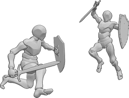 Posen-Referenz- Schwert-Schild-Kampf-Pose - Zwei männliche Personen kämpfen mit Schwertern und Schilden, Angriffspose