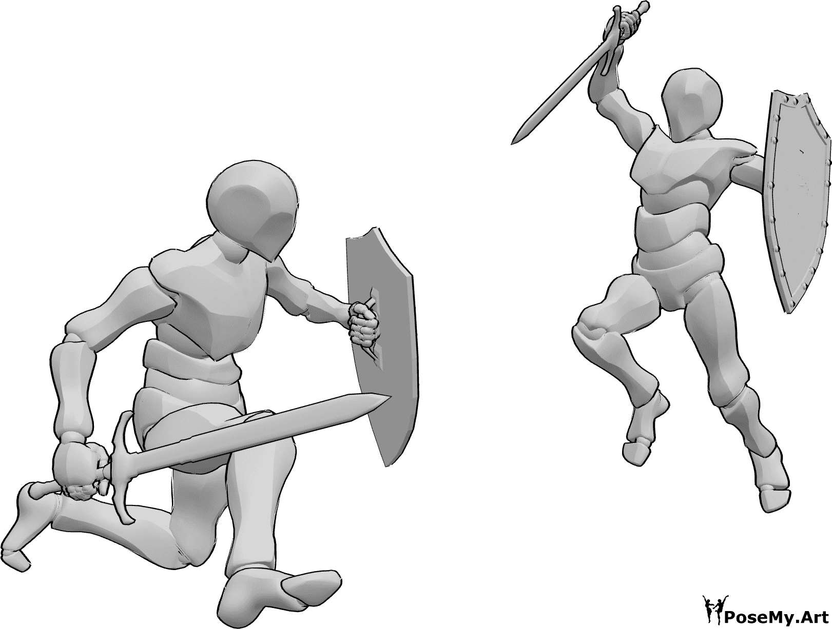 Posen-Referenz- Schwert-Schild-Kampf-Pose - Zwei männliche Personen kämpfen mit Schwertern und Schilden, Angriffspose