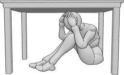 Posen-Referenz- Verängstigtes Weibchen in Versteckpose - Die verängstigte Frau versteckt sich unter dem Tisch und hält sich mit beiden Händen den Kopf