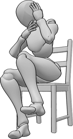 Riferimento alle pose- Femmina spaventata in posa seduta - La donna è seduta sulla sedia e si spaventa di qualcosa