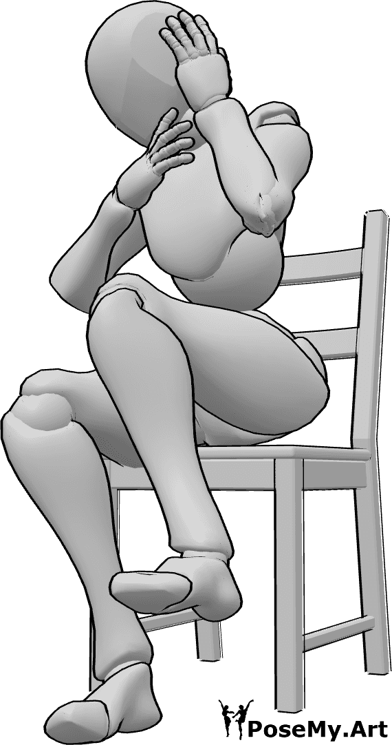 Posen-Referenz- Verängstigte Frau in sitzender Pose - Die Frau sitzt auf dem Stuhl und hat Angst vor etwas
