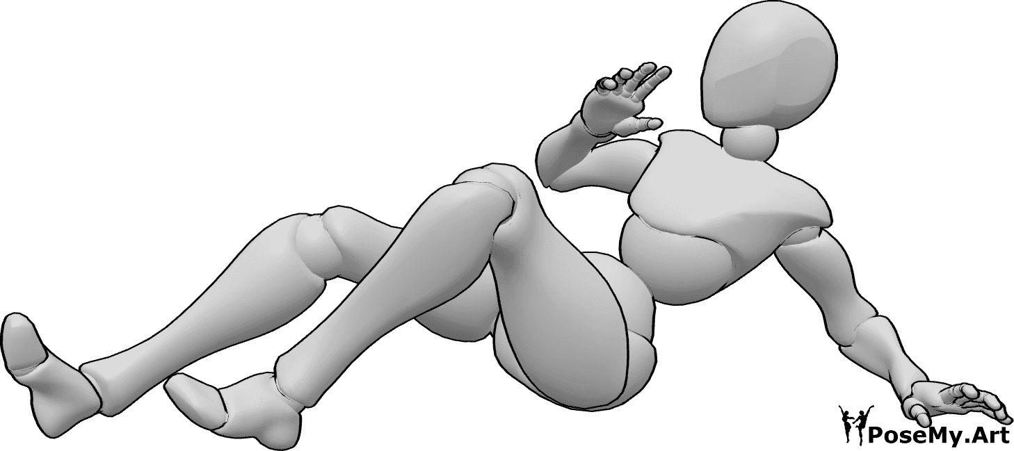 Posen-Referenz- Verängstigt rückwärts kriechende Pose - Die verängstigte Frau kriecht rückwärts auf dem Boden und hebt ihre rechte Hand
