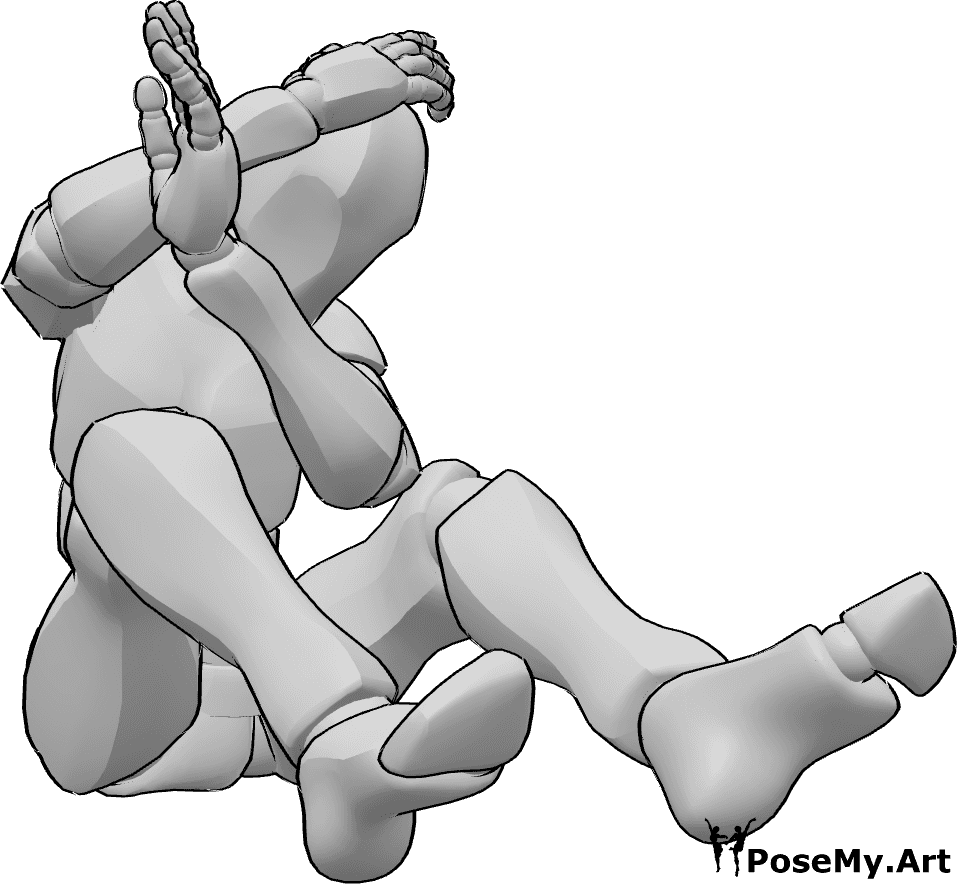 Posen-Referenz- Verängstigtes Männchen in sitzender Pose - Verängstigtes Männchen sitzt und erschrickt vor etwas und schützt seinen Kopf mit seinen Händen