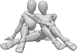 Pose Reference- Females sitting cuddling pose - Two females are sitting and cuddling, hugging each other and looking forward