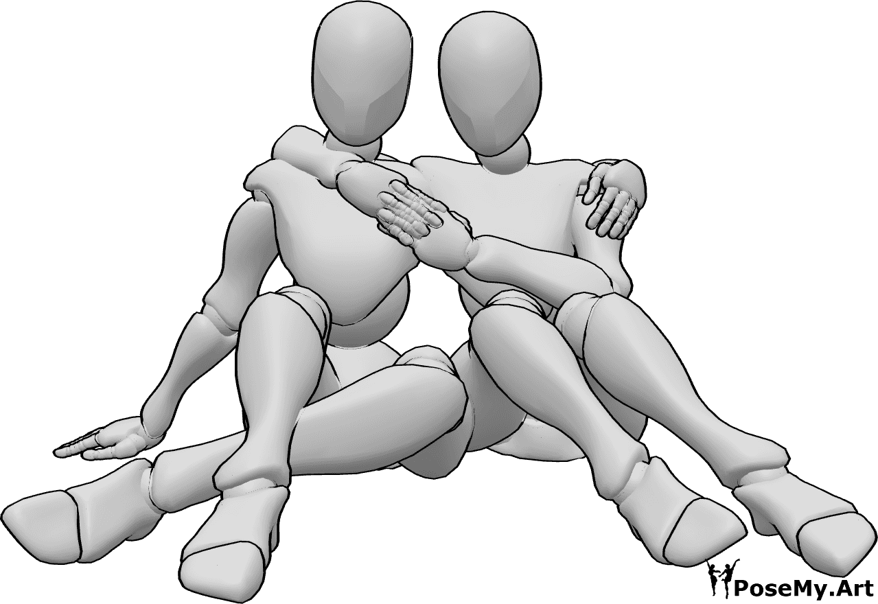 Referência de poses- Mulheres sentadas em pose de abraço - Duas fêmeas estão sentadas e abraçadas, abraçando-se e olhando para a frente